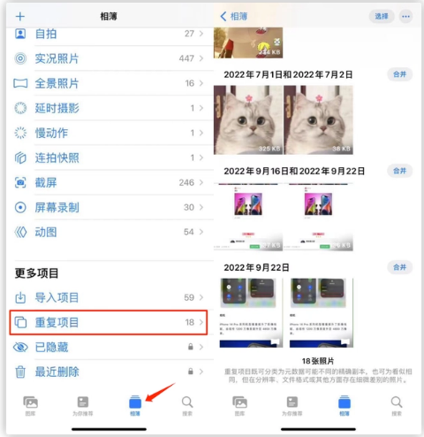 平乐苹果手机维修分享iOS 16 中相册重复项目功能使用方法 
